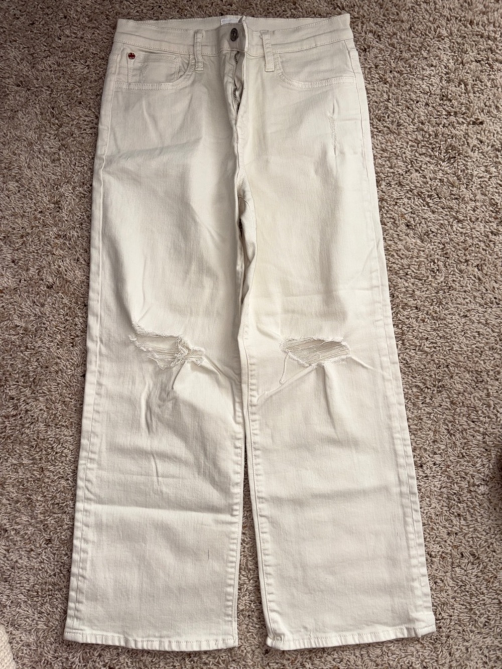 Hudson Jeans Cream Wide Leg Flare Jeans with Knee Rips
